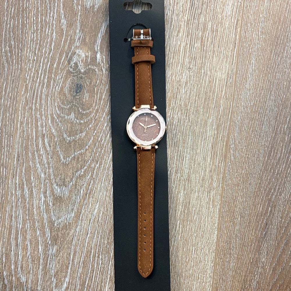 NEW! Yolako Sparkly Rose Gold Quartz Face, Brown Leather Strap Women's Watch
